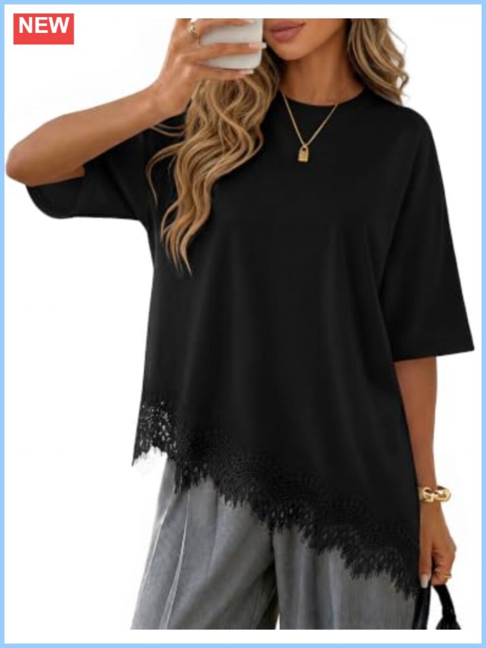 Oversized Lace Hem Tunic Top 90% Cotton Stretchy Short Sleeve Club Wear